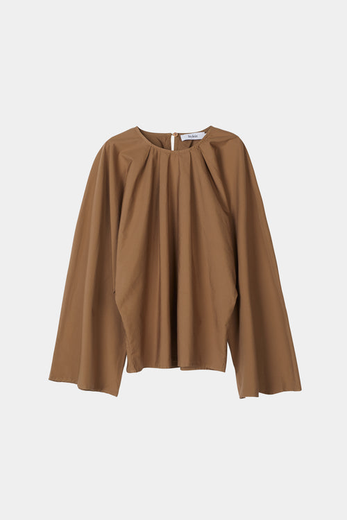 Juli shirt voluminous top cotton wide sleeves round neckline front pleats mud brown  beige stylein packshot