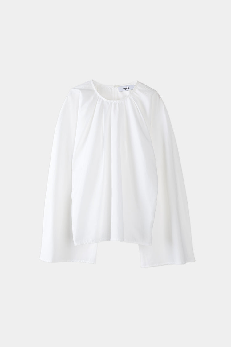 Juli shirt voluminous cotton wide long sleeves round neckline pleats front and back white stylein packshot