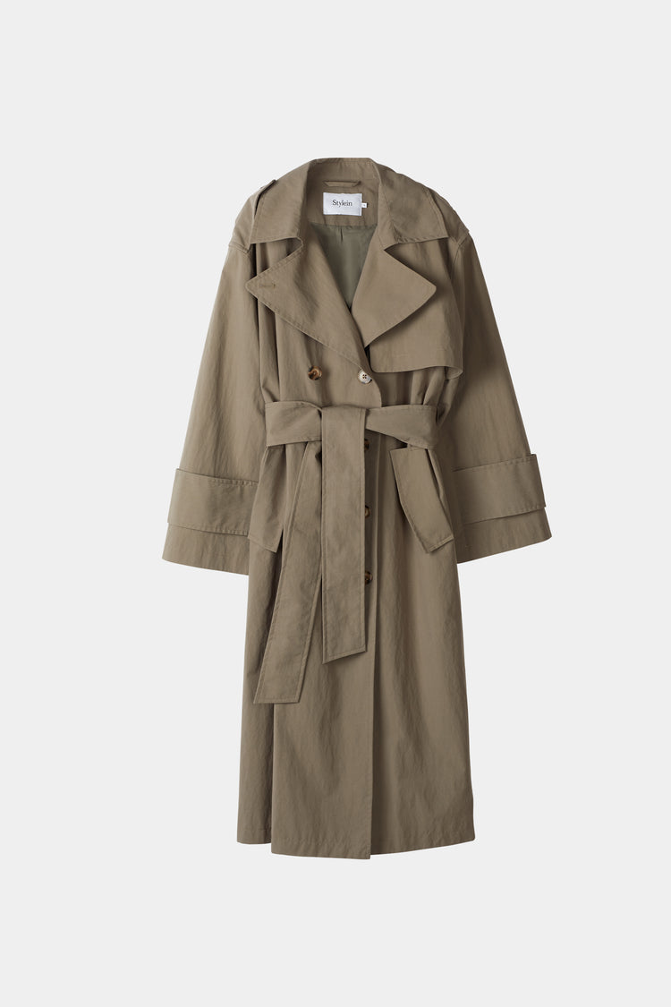 Siena trenchcoat belted ankle length double breasted mud stylein packshot