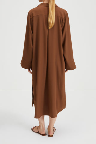 Montorio dress loose flowing long sleeves wide cuffs slits collar earth brown stylein back image