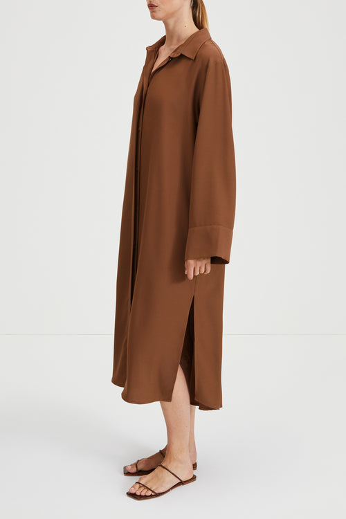 Montorio dress loose flowing long sleeves wide cuffs slits collar earth brown stylein side image