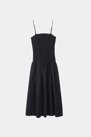 Martelli dress ankle length sleeveless straps seersucker wide skirt smock top black stylein packshot