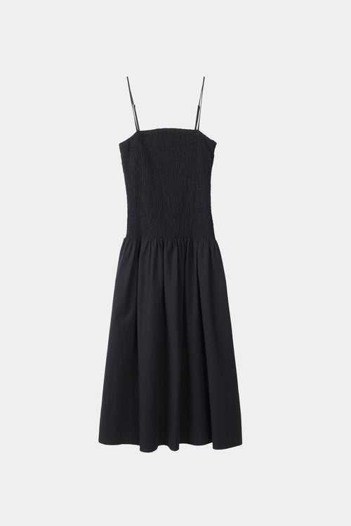 Martelli dress ankle length sleeveless straps seersucker wide skirt smock top black stylein packshot