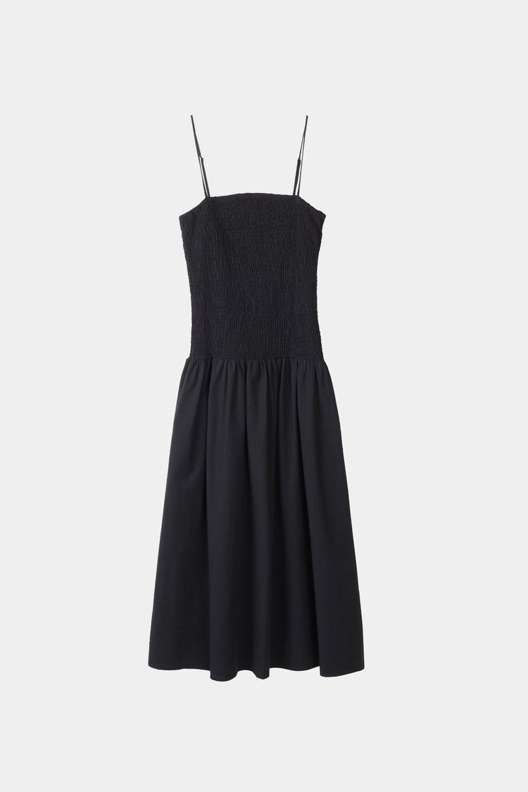 Martelli dress ankle length sleeveless straps seersucker wide skirt smock top black stylein packshot