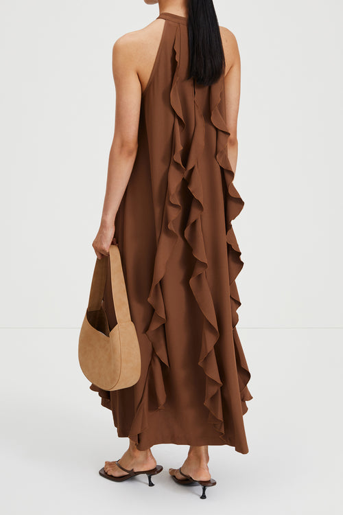 Marcella dress full length crepe rounded neckline frills cascade earth brown stylein back image