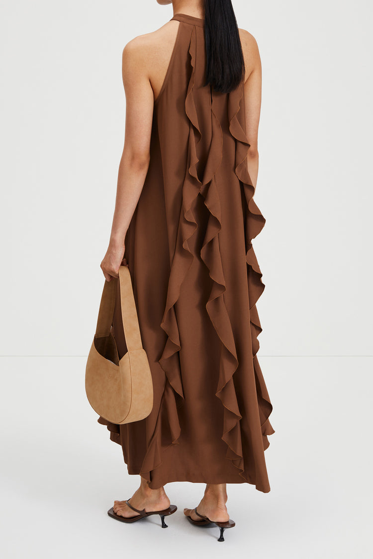 Marcella dress full length crepe rounded neckline frills cascade earth brown stylein back image