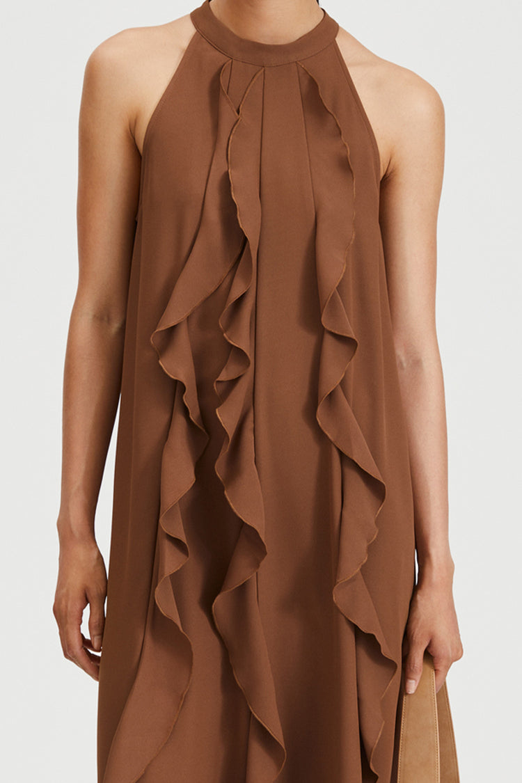 Marcella dress full length crepe rounded neckline frills cascade earth brown stylein detail image
