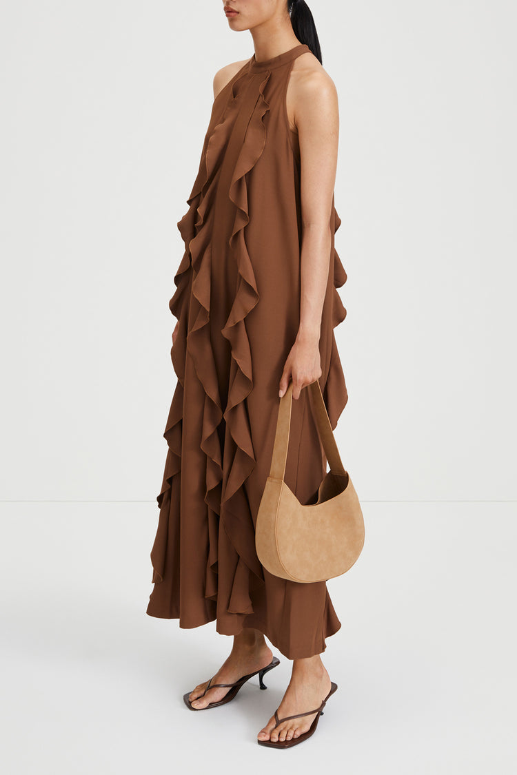 Marcella dress full length crepe rounded neckline frills cascade earth brown stylein side image