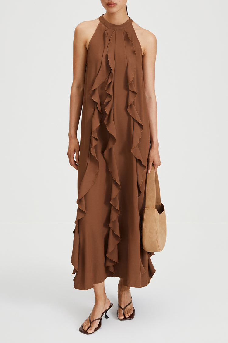 Marcella dress full length crepe rounded neckline frills cascade earth brown stylein  front image