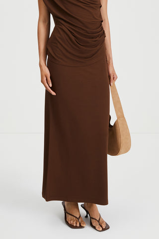 Claudi long skirt jersey subtly flared cacao brown stylein front image