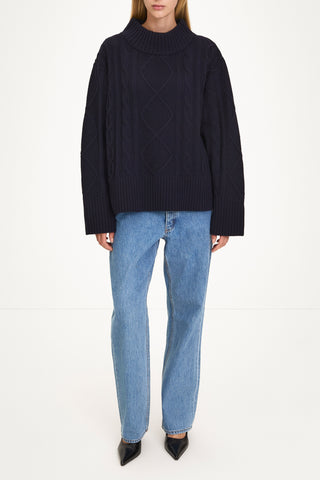 Navy cable knitted sweater stylein Hania model image