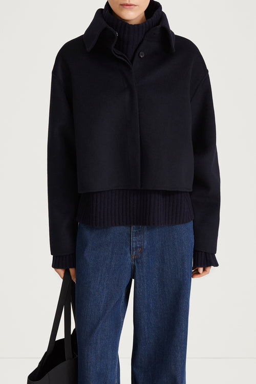navy jacket short wool stylein teano close up
