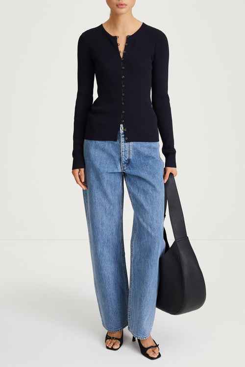 navy rib knit cardigan fitted stylein paloma front