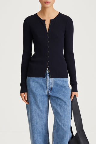 navy rib knit cardigan fitted stylein paloma close up