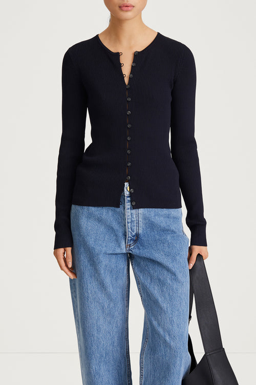 navy rib knit cardigan fitted stylein paloma close up