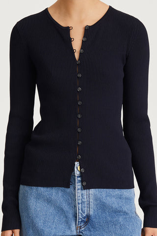 navy rib knit cardigan fitted stylein paloma detail