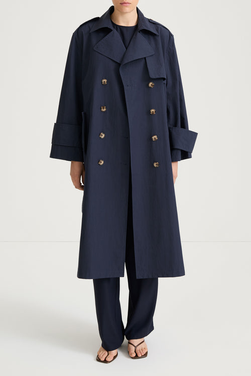 Navy trench coat siena midnight stylein front model image