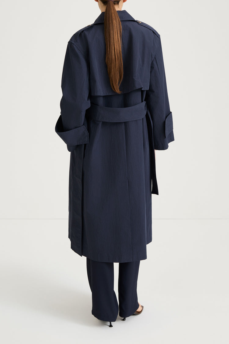 Navy trench coat siena midnight stylein back model image