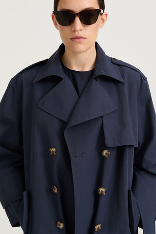 Navy trench coat siena midnight stylein front close up model image