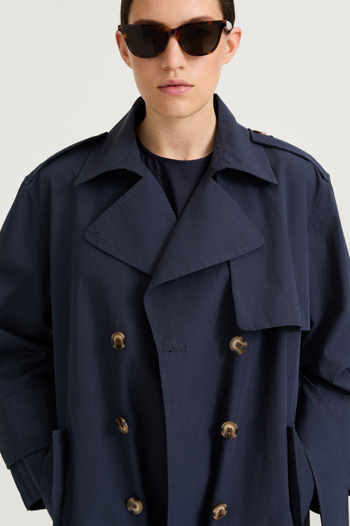Navy trench coat siena midnight stylein front close up model image
