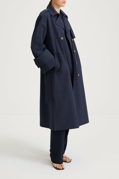 Navy trench coat siena midnight stylein front model image