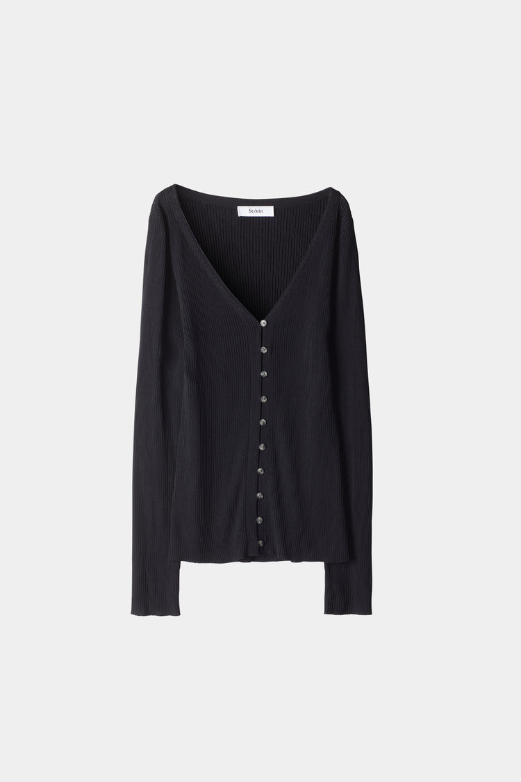 Perline cardigan ribknit deep v neck buttons black stylein packshot