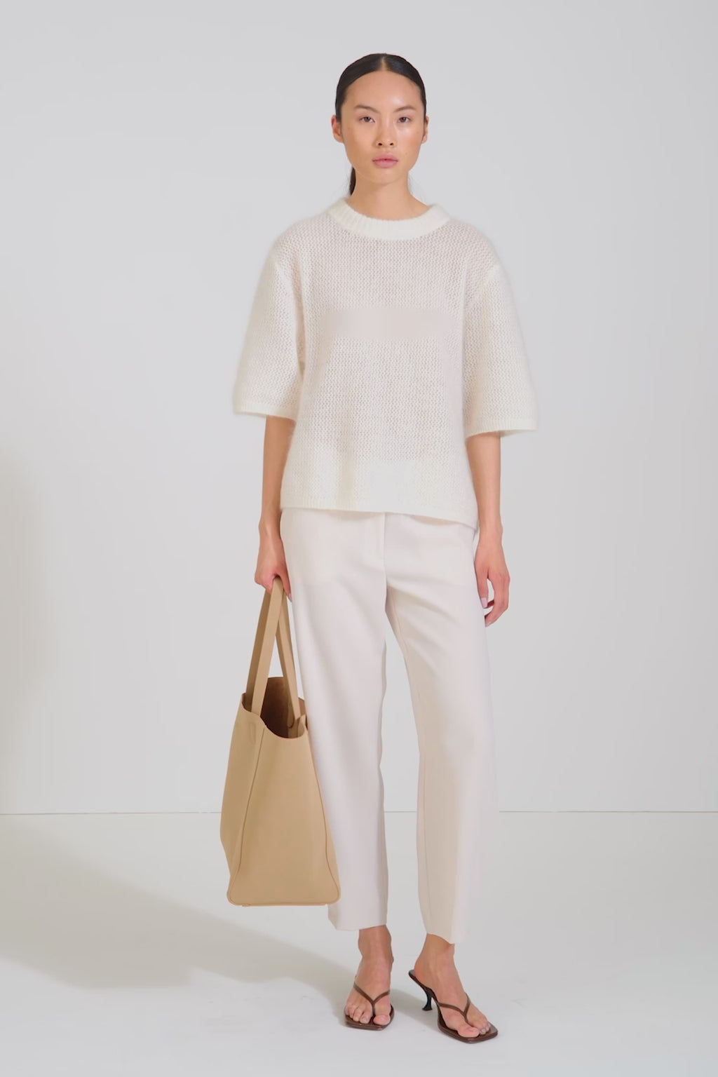 Cream knitted transparent sweater short sleeve stylein nia front model image