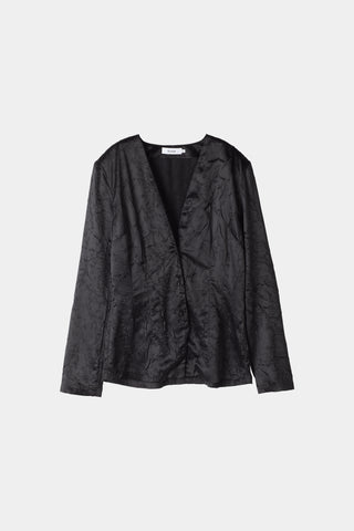 Monopoli top creased satin long sleeves form fitting v neck shoulder pads button black stylein packshot