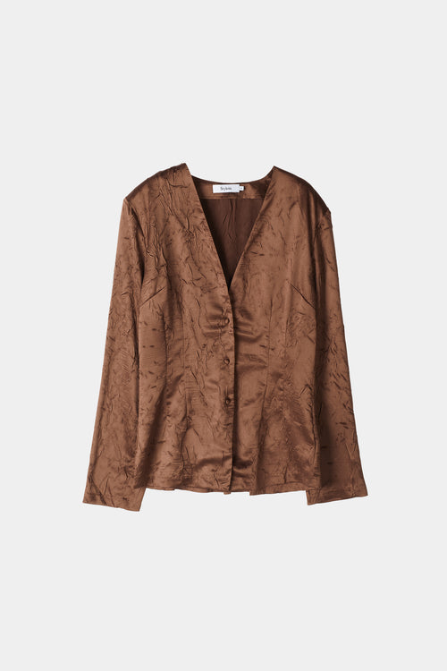 Monopoli top creased satin form fitting full length sleeves delicate shoulder pads buttons brown stylein packshot