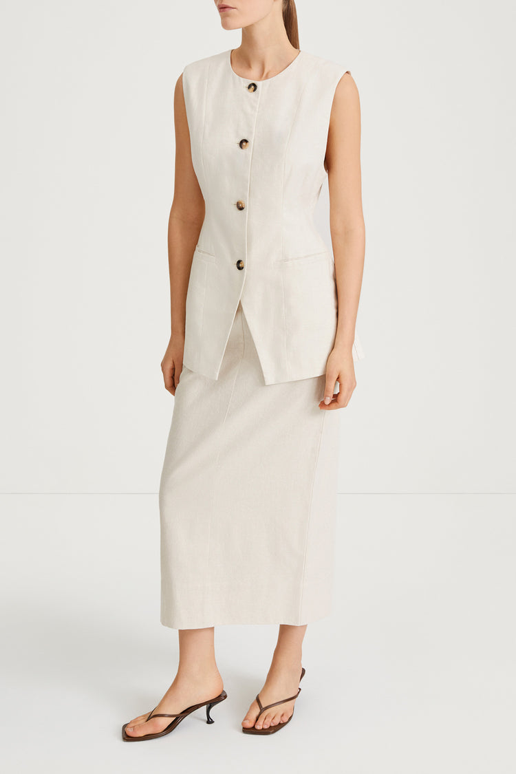 Sirella vest cinched waist button up front beige linen stylein side image
