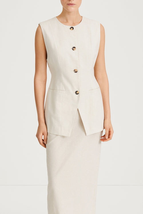 Sirella vest cinched waist button up front beige linen stylein front image