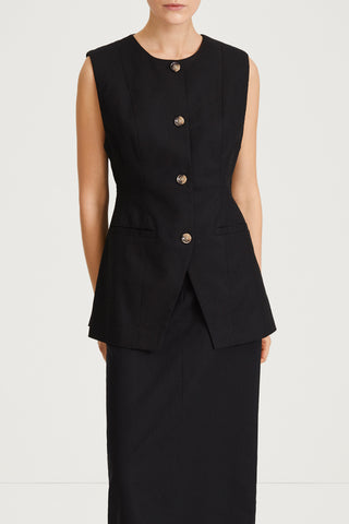 Sirella vest cinched waist button up front black linen stylein front image