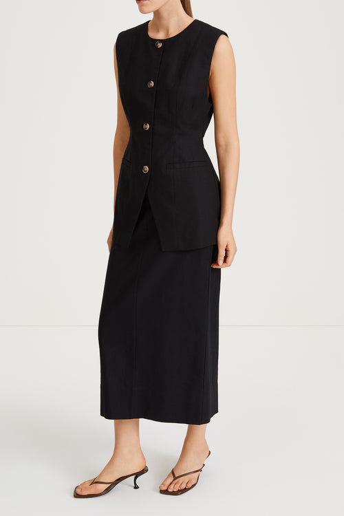Sirella vest cinched waist button up front black linen stylein side image