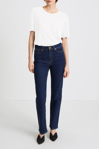 slim-fit high waist dark blue denim kaden stylein front