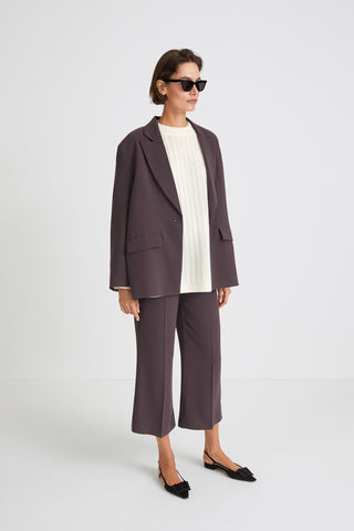 Barino blazer single breasted crepe loose fitting full length sleeves slit semi stand collar shoulder pads dark brown stylein side image