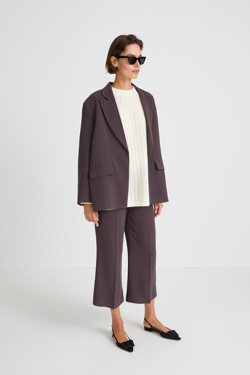 Barino blazer single breasted crepe loose fitting full length sleeves slit semi stand collar shoulder pads dark brown stylein side image