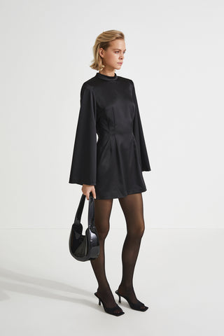 Bernalda dress shiny fabric short semi fitted  collar stand neckline thin shoulder pads flared full length sleeves black stylein side image