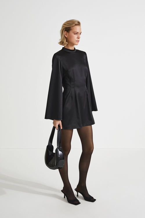 Bernalda dress shiny fabric short semi fitted  collar stand neckline thin shoulder pads flared full length sleeves black stylein side image