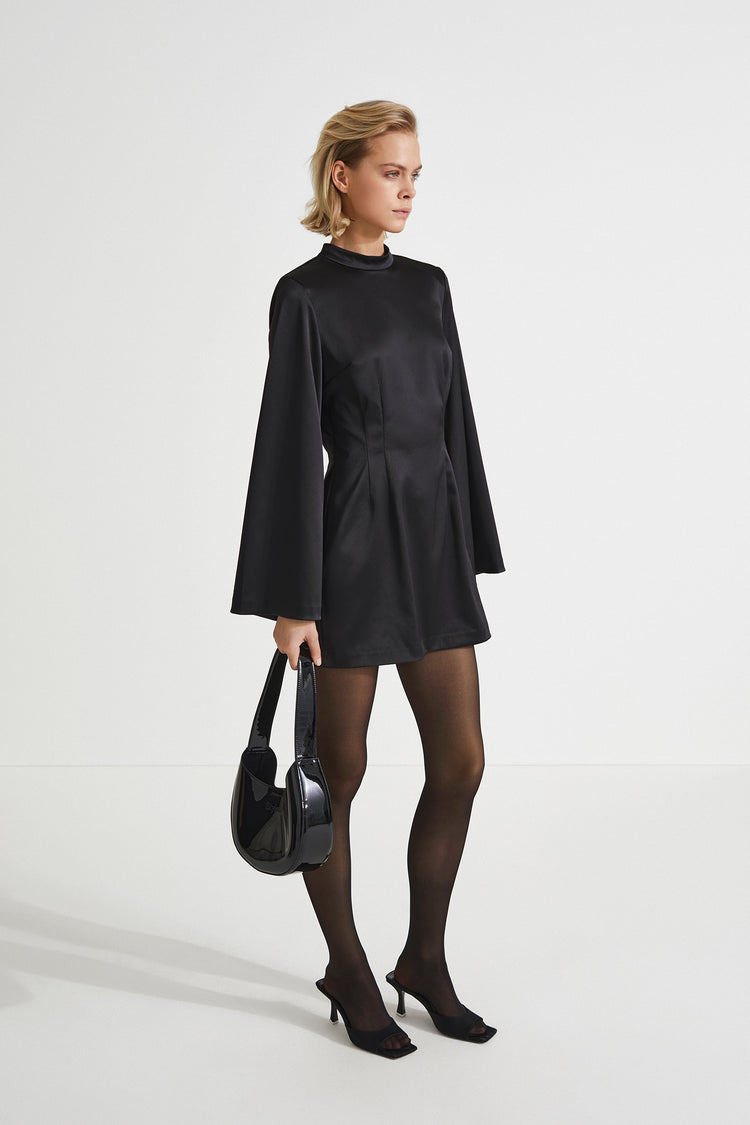 Bernalda dress shiny fabric short semi fitted  collar stand neckline thin shoulder pads flared full length sleeves black stylein side image