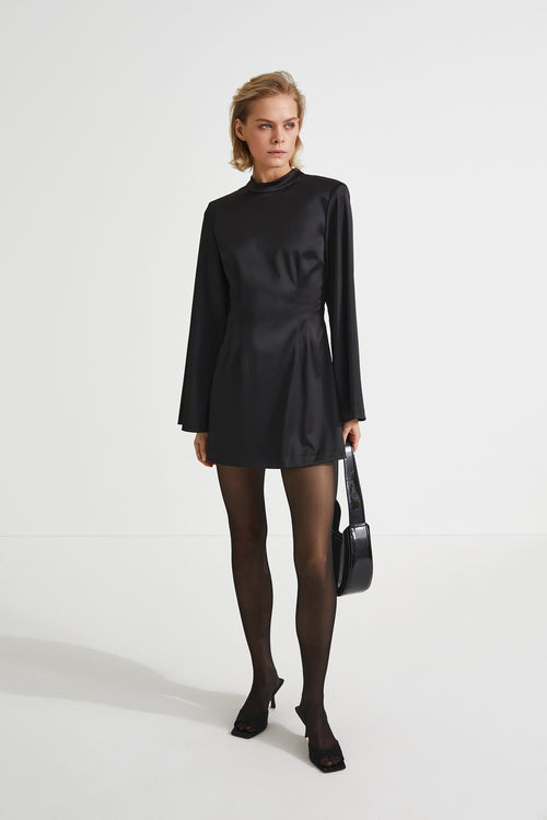 Bernalda dress shiny fabric short semi fitted  collar stand neckline thin shoulder pads flared full length sleeves black stylein front image