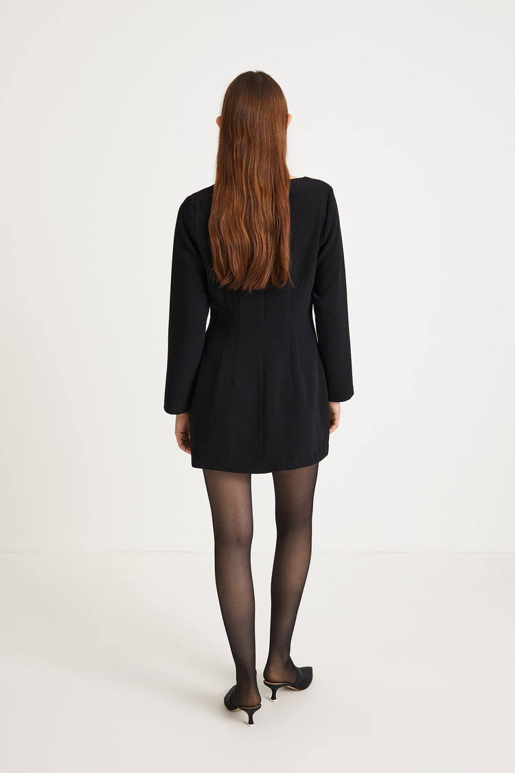 Brenda dress short crepe arched neckline long sleeved cinched waist black stylein back image 