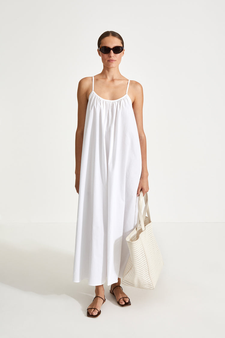 Molina dress ankle length loose cotton rounded neckline voluminous gathering front and back thin adjustable straps white stylein front image