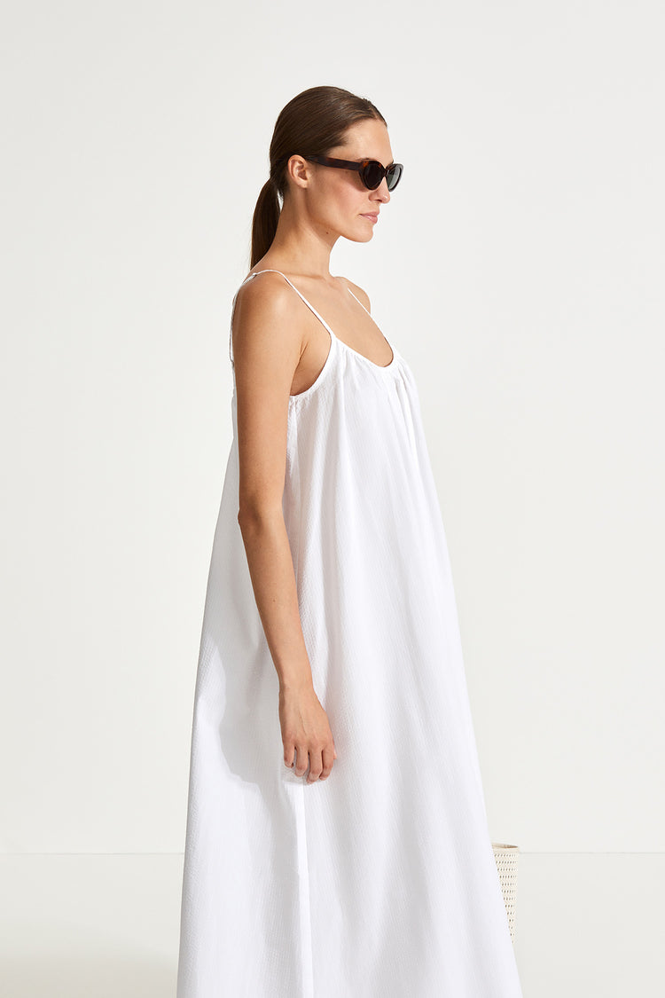 Molina dress ankle length loose cotton rounded neckline voluminous gathering front and back thin adjustable straps white stylein side image