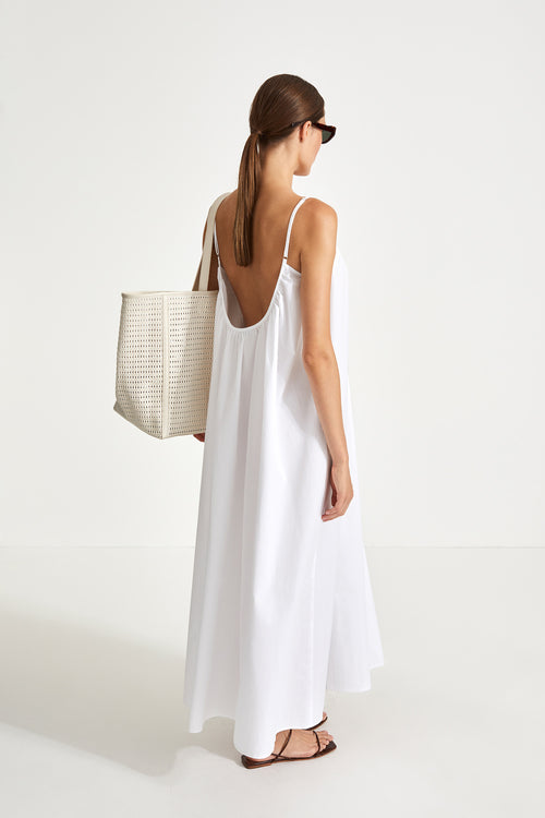 Molina dress ankle length loose cotton rounded neckline voluminous gathering front and back thin adjustable straps white stylein back image