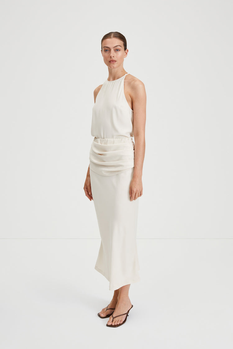 Mileto skirt ankle length chiffon draped yoke bias cut cream stylein side image