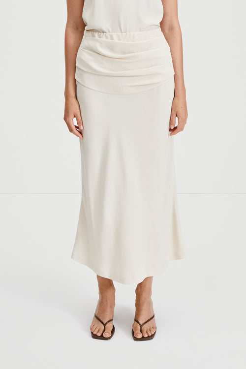 Mileto skirt ankle length chiffon draped yoke bias cut cream stylein front image