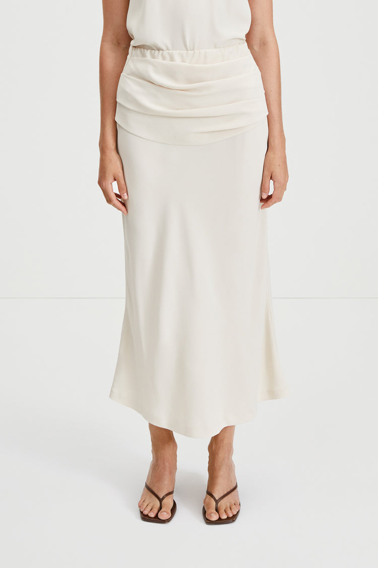 Mileto skirt ankle length chiffon draped yoke bias cut cream stylein front image