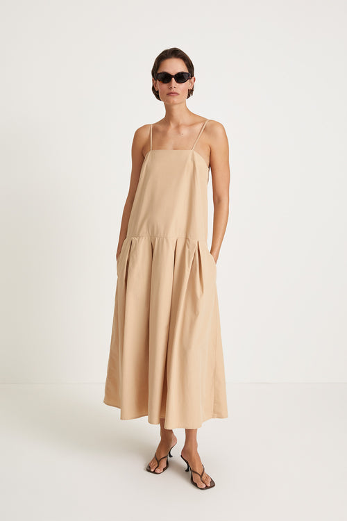 Jelena dress long loose slip cotton pleated skirt thin adjustable straps straight neckline beige stylein front image