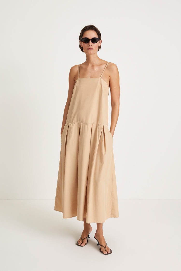 Jelena dress long loose slip cotton pleated skirt thin adjustable straps straight neckline beige stylein front image