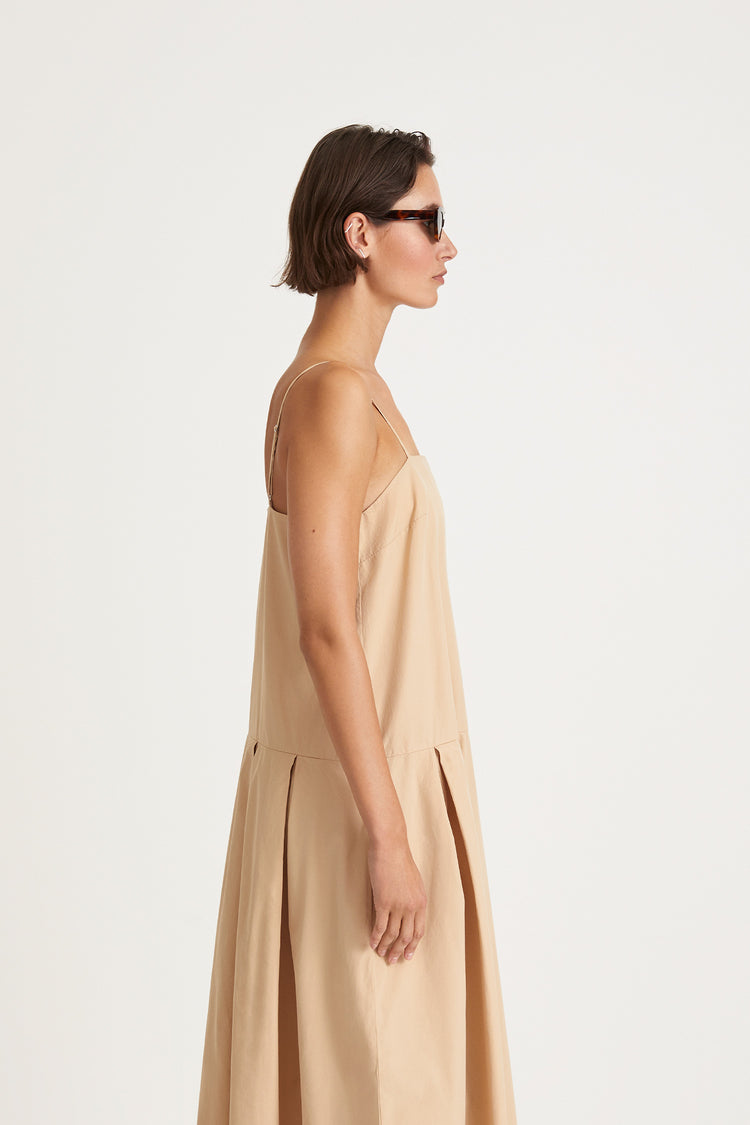 Jelena dress long loose slip cotton pleated skirt thin adjustable straps straight neckline beige stylein side image